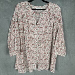 Rose Olive Top Womens 2X Pink Floral Boho Peasant Fairy 3/4 Length Sleeve Career